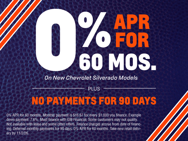 Hawk Chevy Peru 0% APR for 60 Months plus No Payments for 90 Days